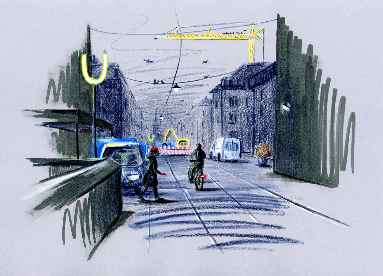 Illustration Stadtszene Mixed Media
